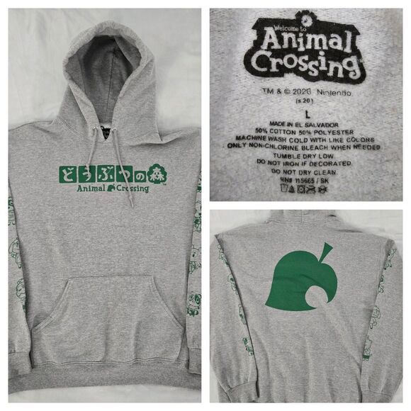 Animal Crossing Nintendo Hoodie Mens L 2020 Double Sided Sleeve Graphics Gray - Picture 1 of 11